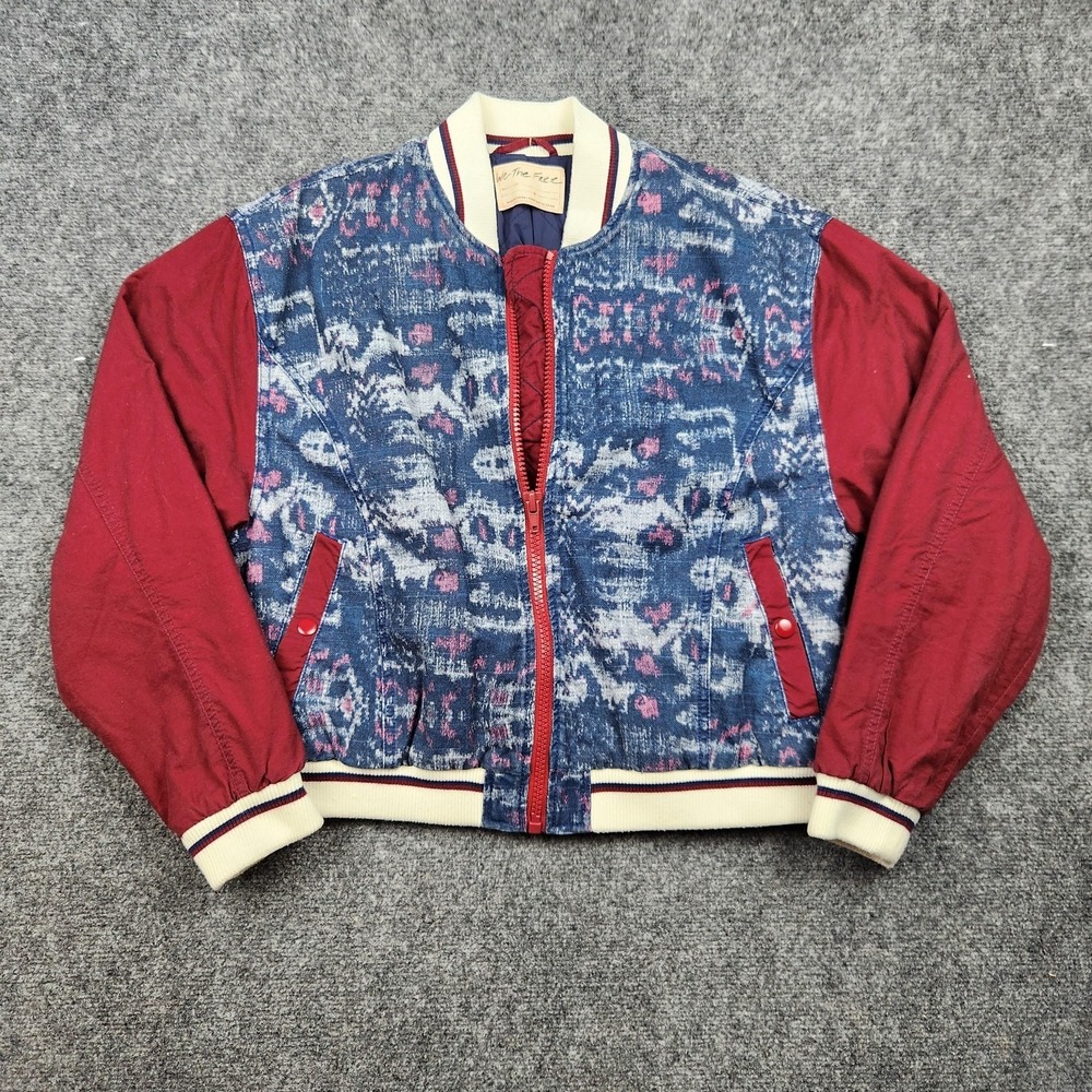 We The Free Varsity Dreams Jacket Womens Small Blue Red Quilted Boho Bomber